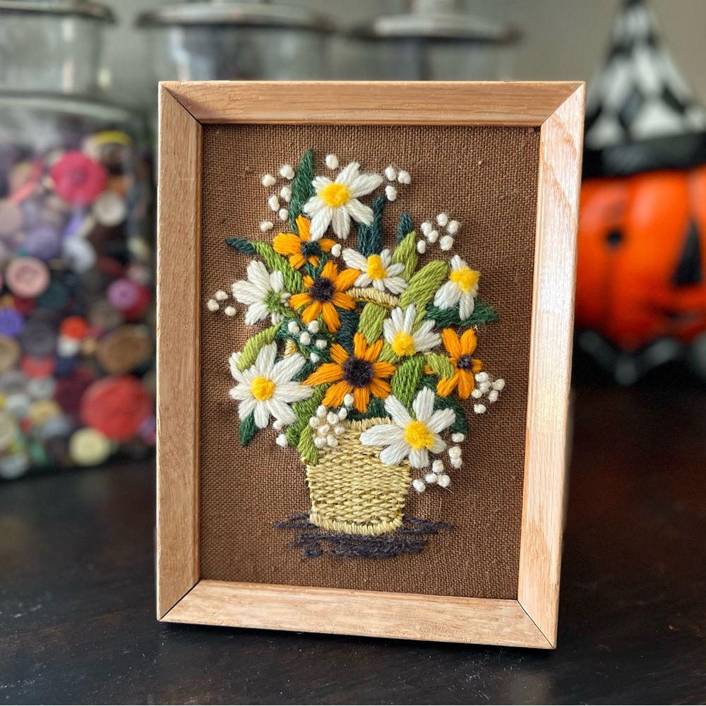Vintage Retro Embroidered Floral Art Print In Frame